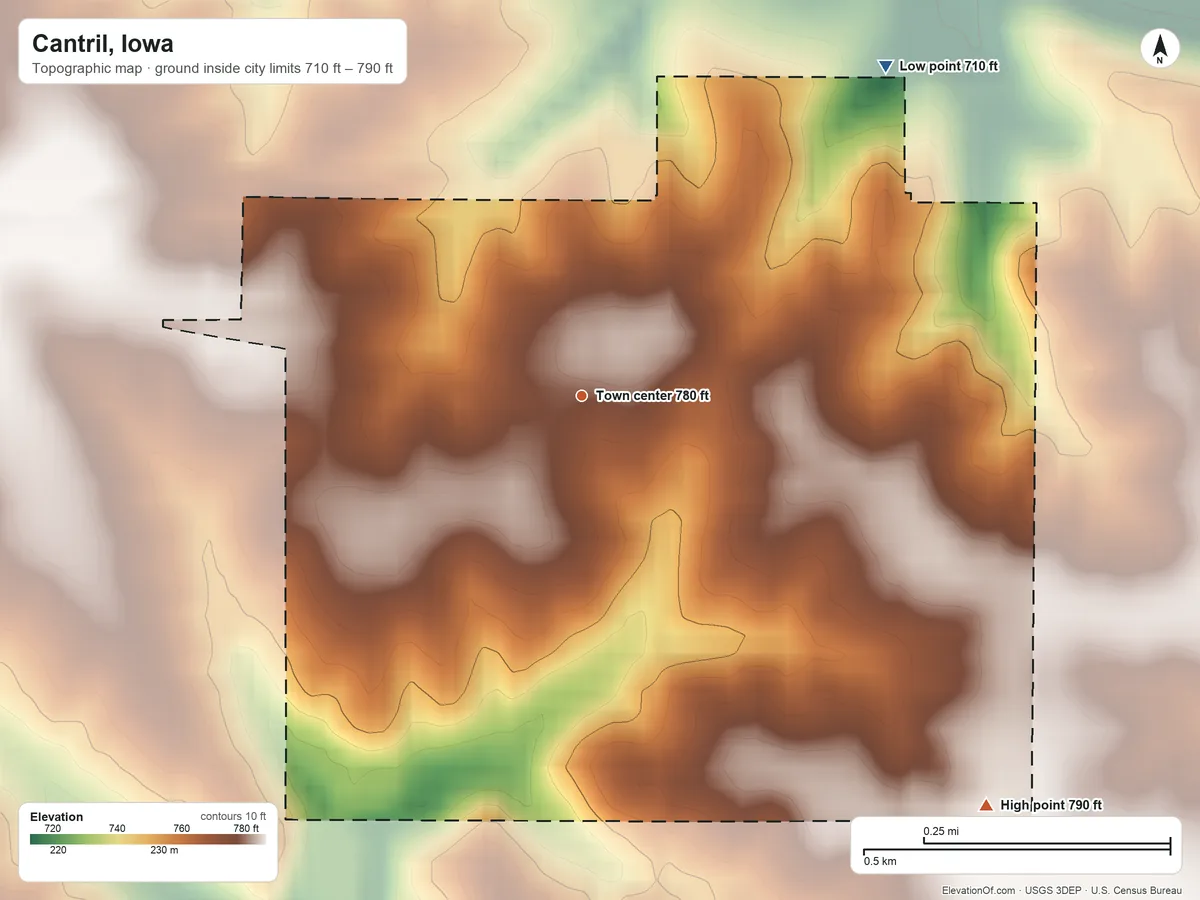 Topographic elevation map of Cantril, Iowa, shaded from 710 ft on the northeast side to 790 ft on the southeast side
