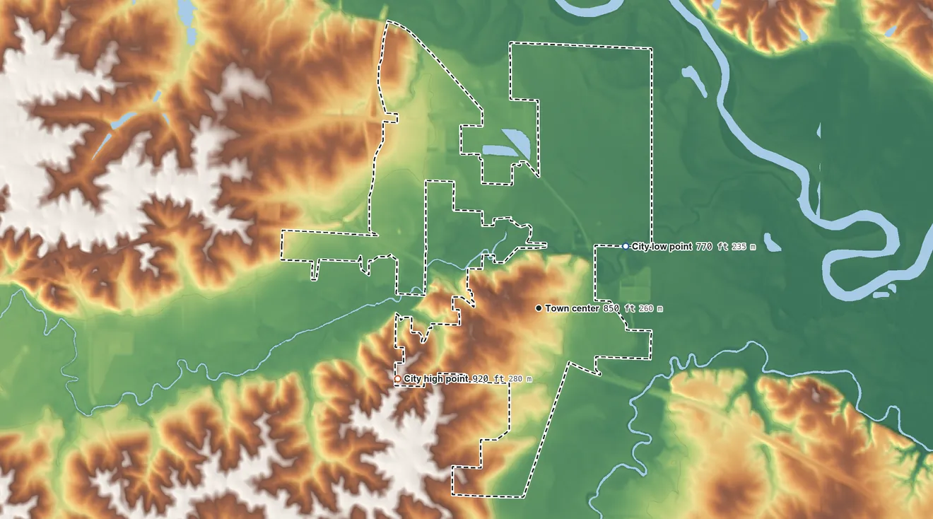 Topographic elevation map of Carlisle, Iowa, shaded from 770 ft on the northeast side to 920 ft on the southwest side