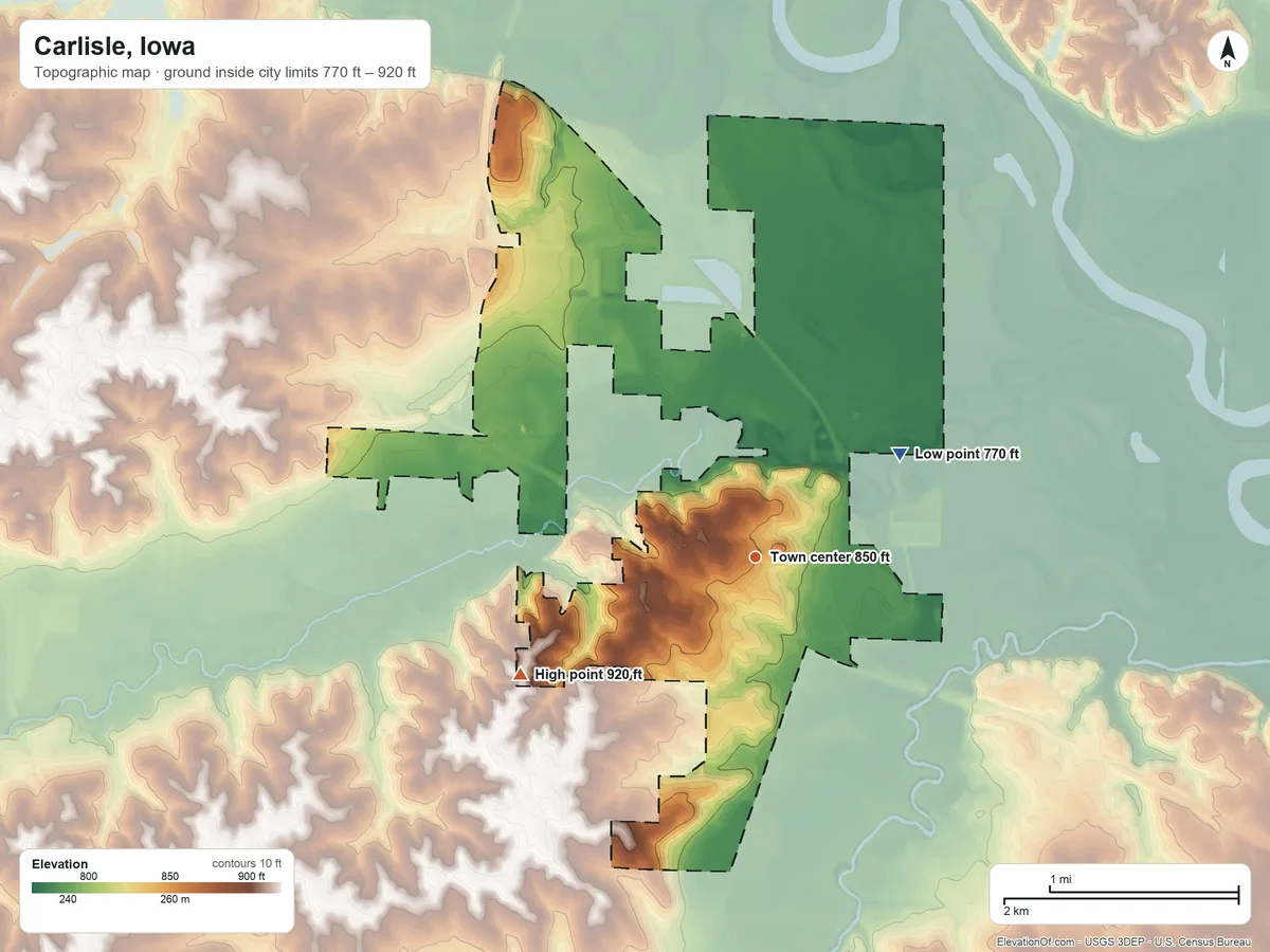 Topographic elevation map of Carlisle, Iowa, shaded from 770 ft on the northeast side to 920 ft on the southwest side