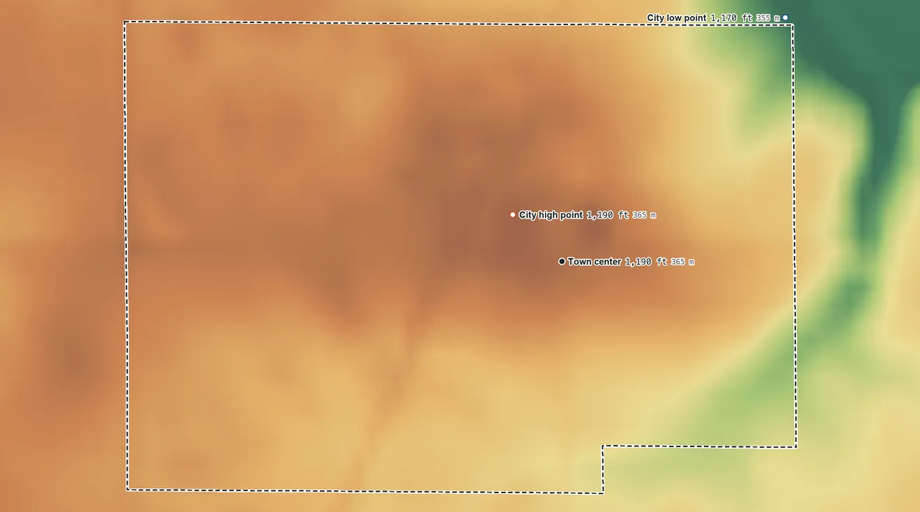 Topographic elevation map of Carpenter, Iowa, shaded from 1,170 ft on the northeast side to 1,190 ft near the middle