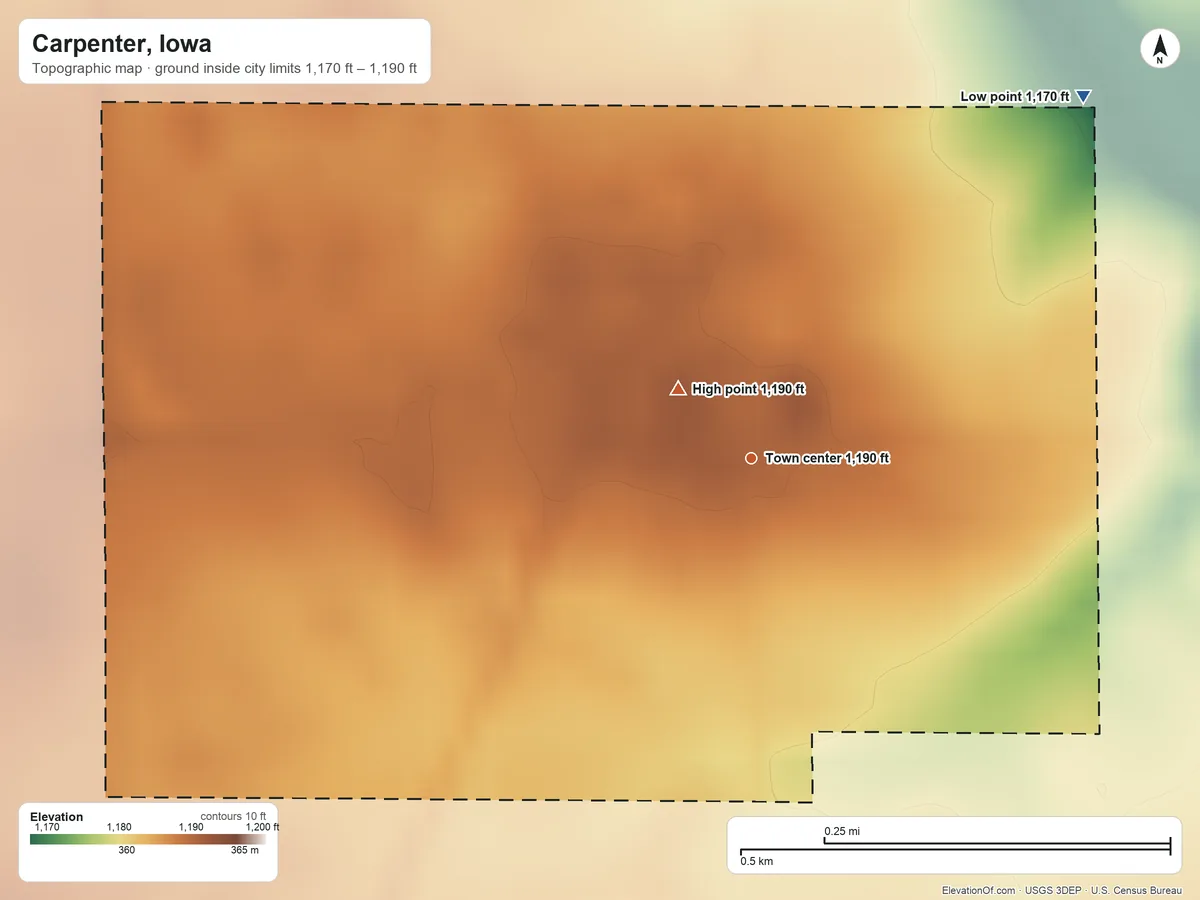 Topographic elevation map of Carpenter, Iowa, shaded from 1,170 ft on the northeast side to 1,190 ft near the middle