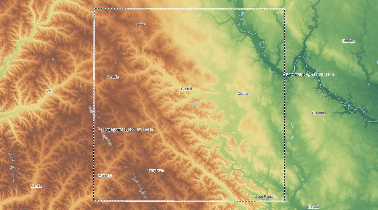 Topographic elevation map of Carroll County, Iowa, shaded from 1,040 ft on the east side to 1,560 ft on the west side