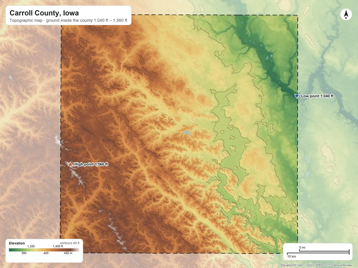 Topographic elevation map of Carroll County, Iowa, shaded from 1,040 ft on the east side to 1,560 ft on the west side