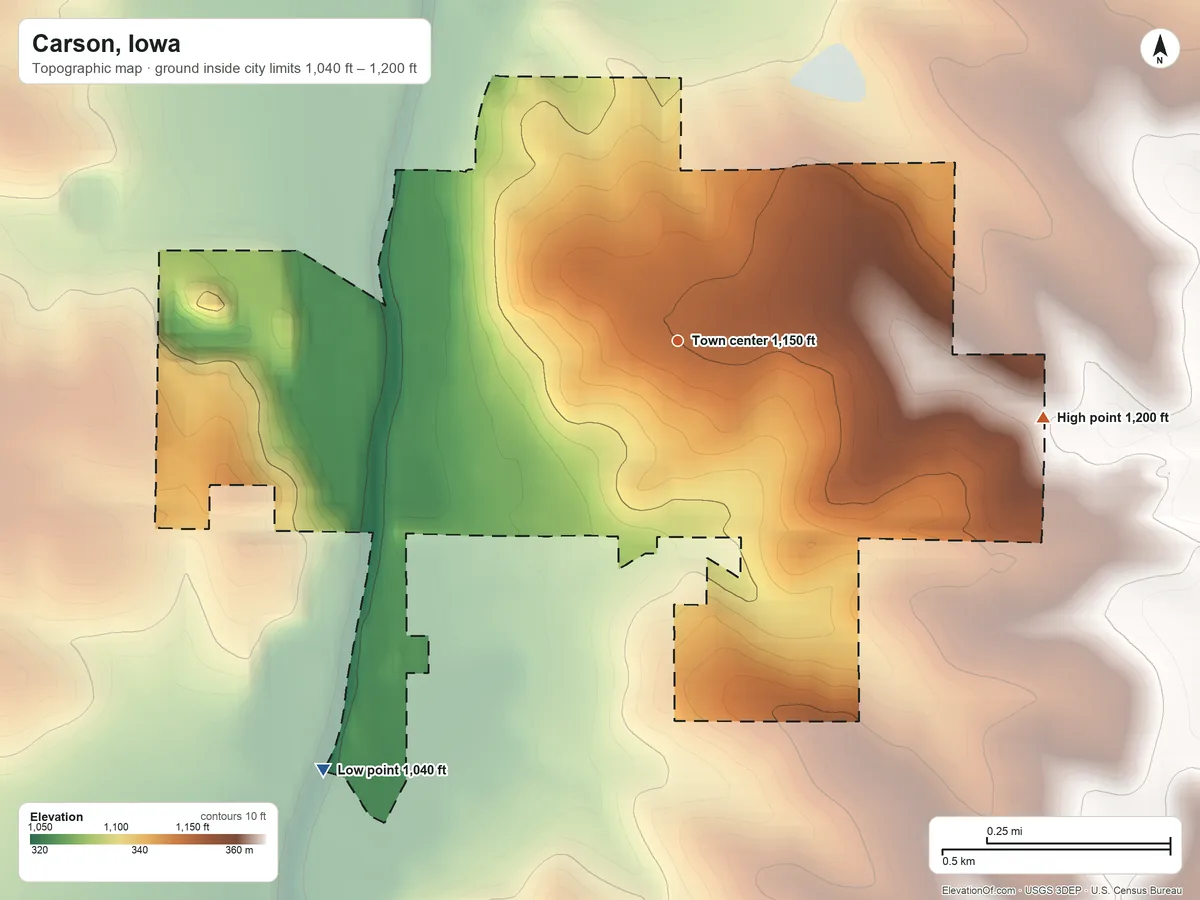Topographic elevation map of Carson, Iowa, shaded from 1,040 ft on the southwest side to 1,200 ft on the east side