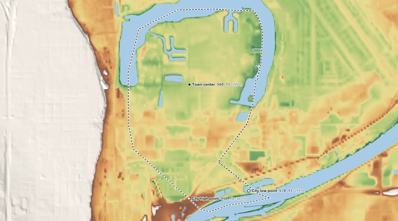 Topographic elevation map of Carter Lake, Iowa, shaded from 970 ft on the southeast side to 990 ft on the south side