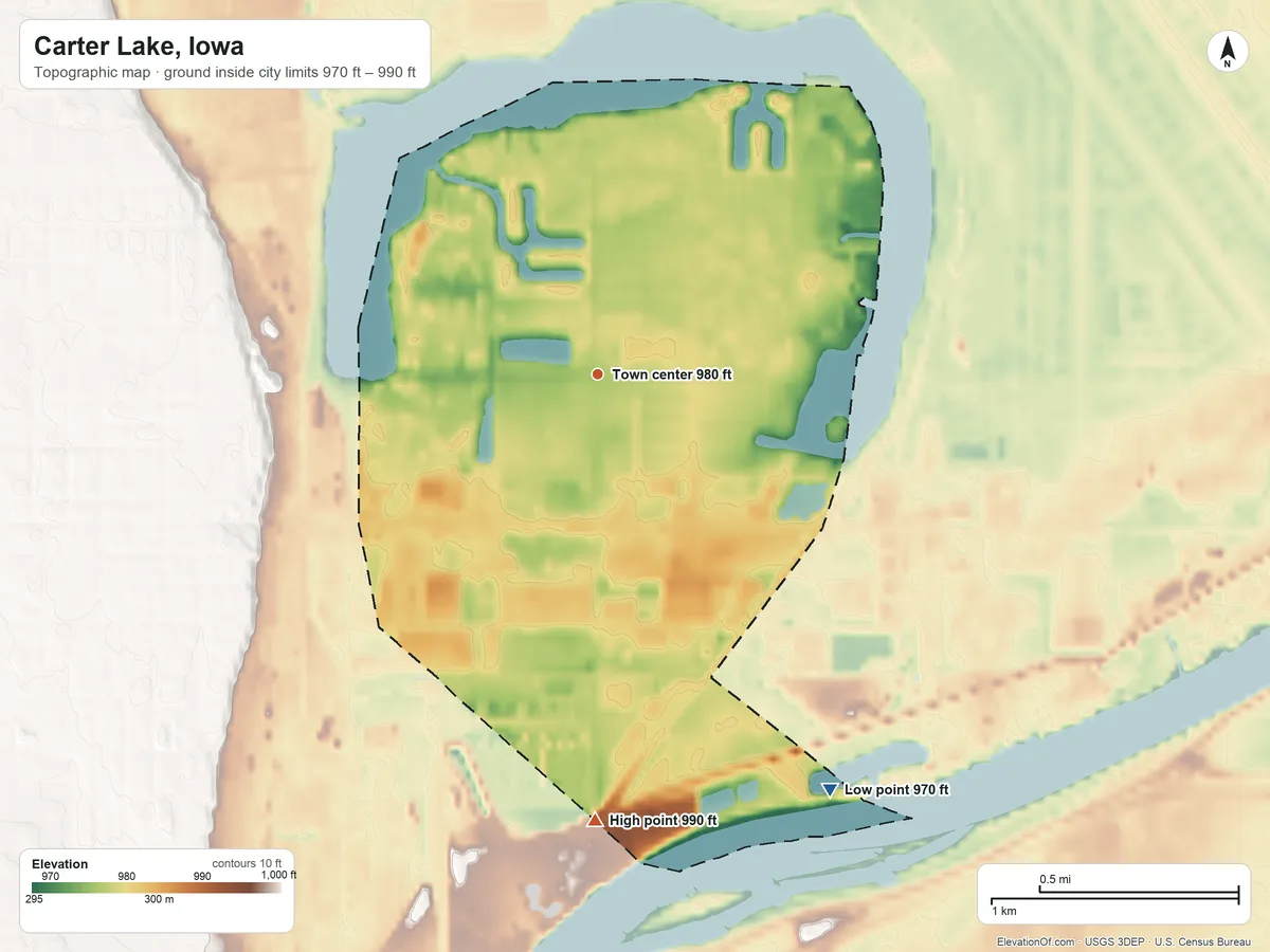 Topographic elevation map of Carter Lake, Iowa, shaded from 970 ft on the southeast side to 990 ft on the south side