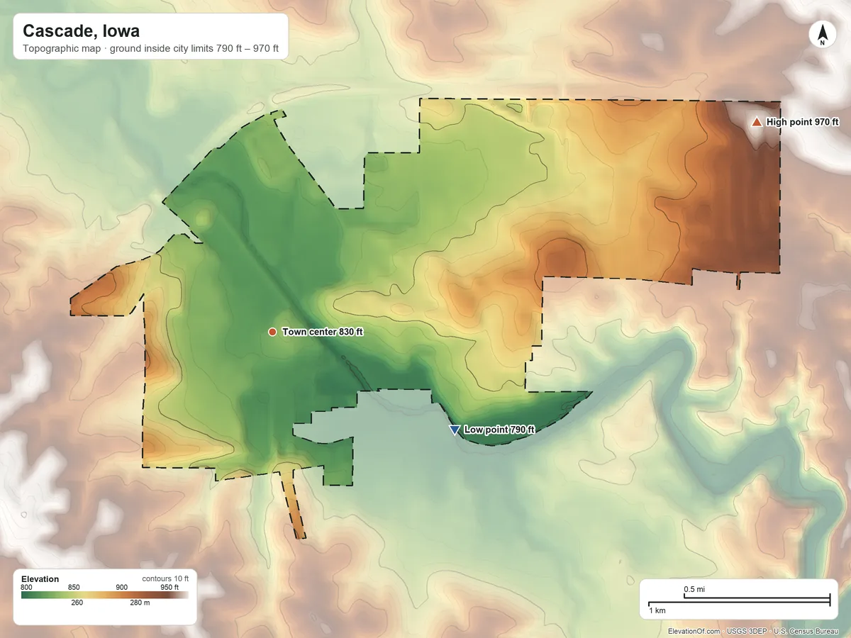 Topographic elevation map of Cascade, Iowa, shaded from 790 ft on the southeast side to 970 ft on the northeast side