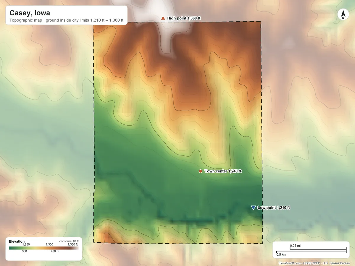 Topographic elevation map of Casey, Iowa, shaded from 1,210 ft on the southeast side to 1,360 ft on the north side