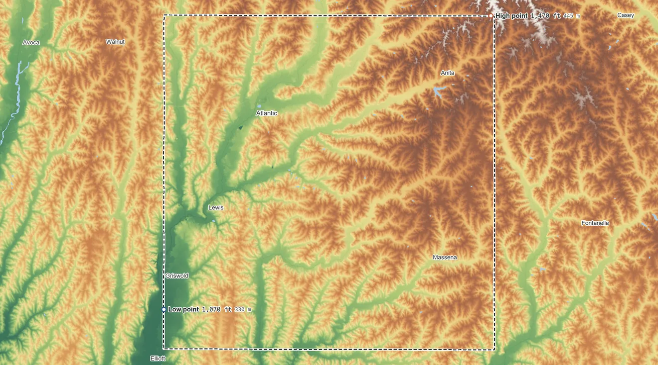 Topographic elevation map of Cass County, Iowa, shaded from 1,070 ft on the southwest side to 1,470 ft on the northeast side