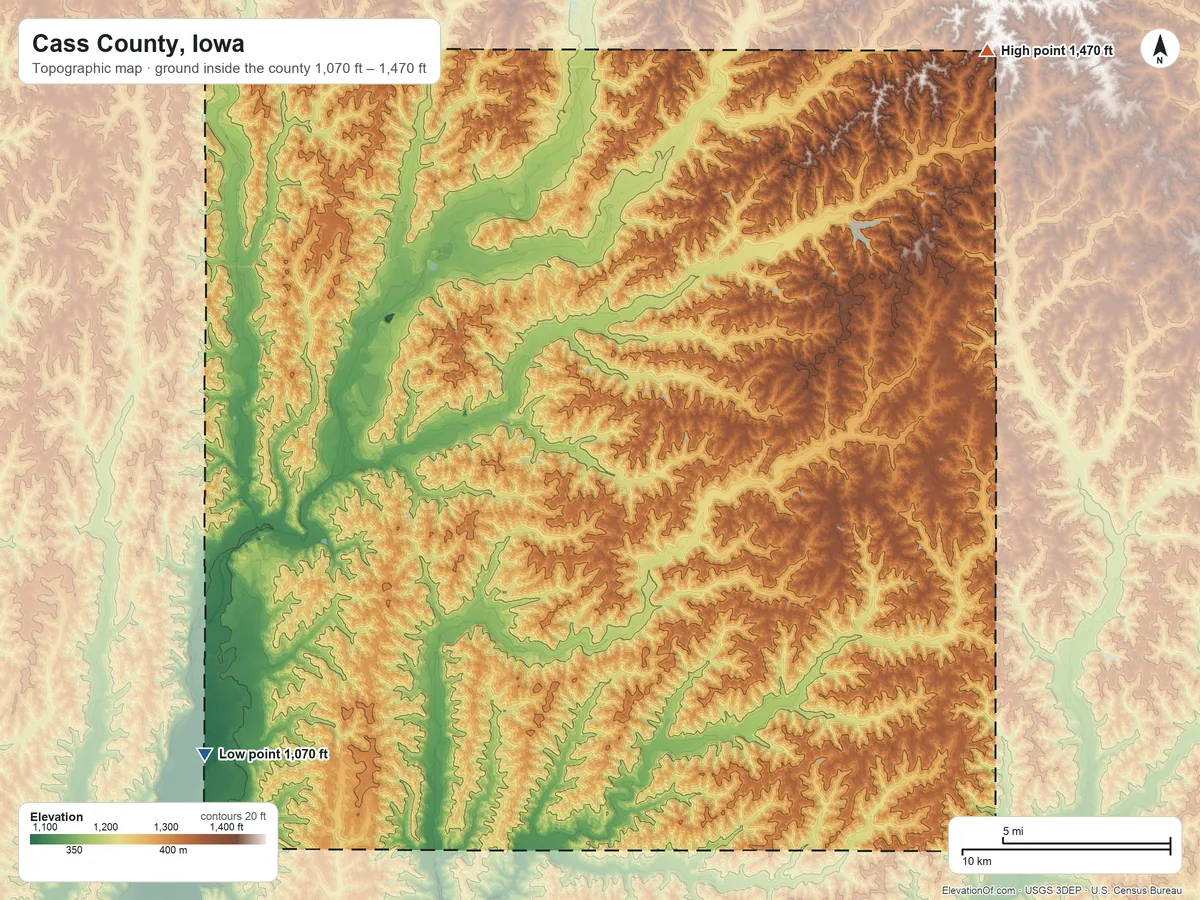 Topographic elevation map of Cass County, Iowa, shaded from 1,070 ft on the southwest side to 1,470 ft on the northeast side