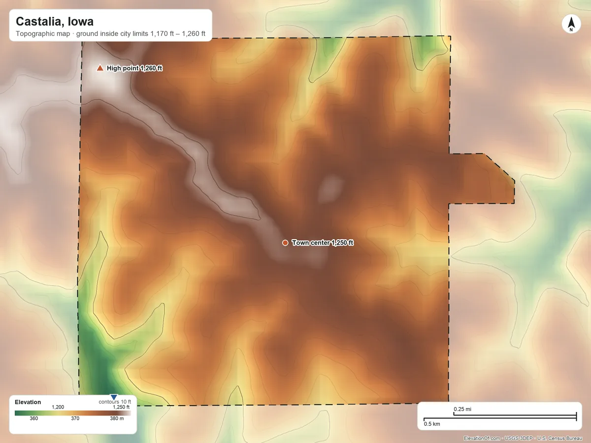 Topographic elevation map of Castalia, Iowa, shaded from 1,170 ft on the southwest side to 1,260 ft on the northwest side