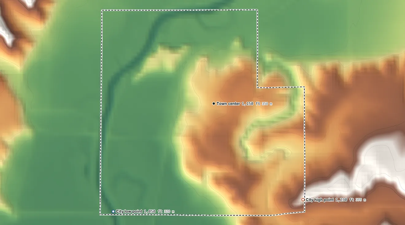 Topographic elevation map of Castana, Iowa, shaded from 1,050 ft on the southwest side to 1,230 ft on the southeast side