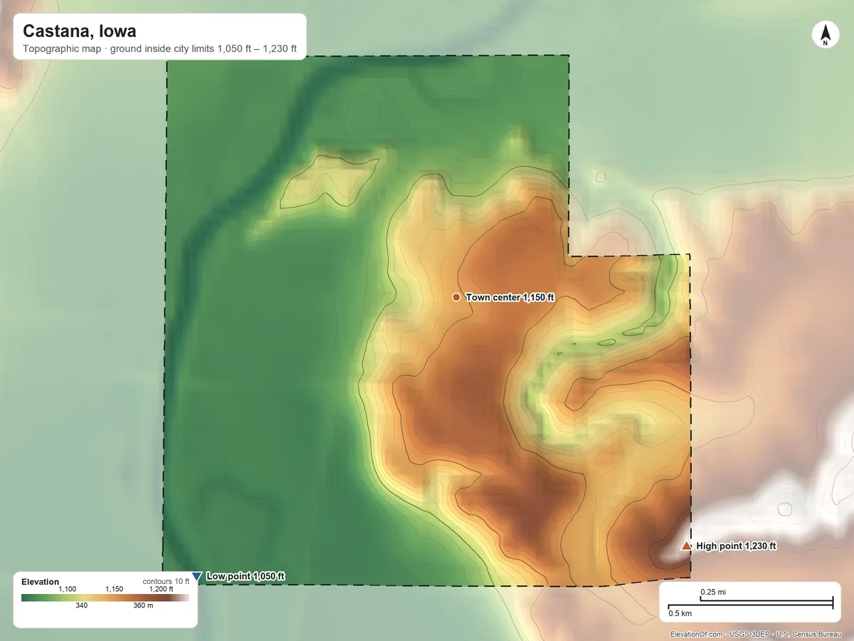 Topographic elevation map of Castana, Iowa, shaded from 1,050 ft on the southwest side to 1,230 ft on the southeast side