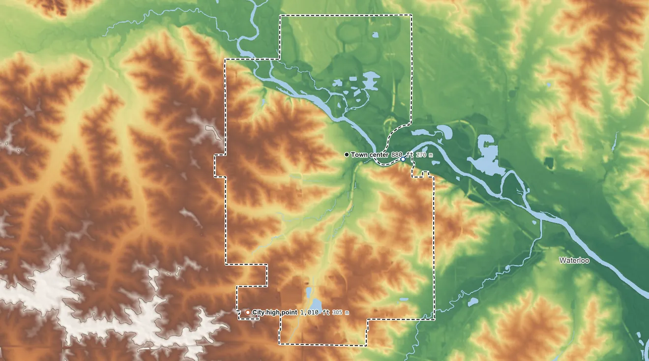 Topographic elevation map of Cedar Falls, Iowa, shaded from 840 ft on the east side to 1,010 ft on the southwest side