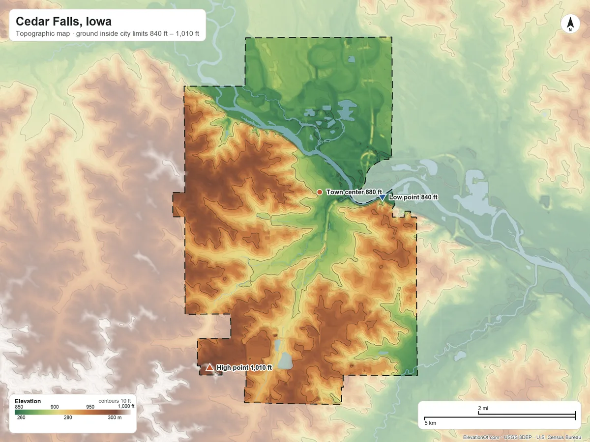 Topographic elevation map of Cedar Falls, Iowa, shaded from 840 ft on the east side to 1,010 ft on the southwest side