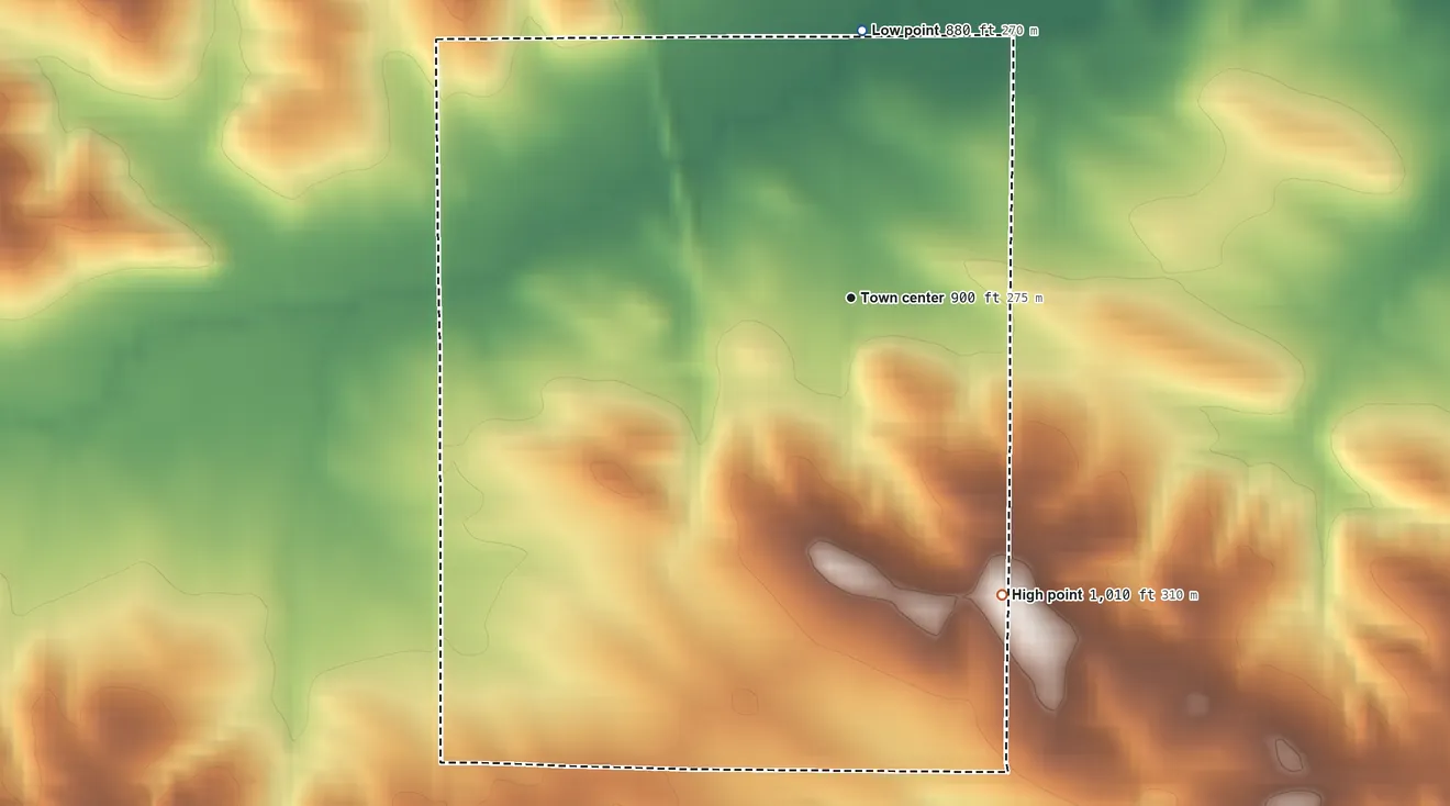 Topographic elevation map of Center Junction, Iowa, shaded from 880 ft on the north side to 1,010 ft on the southeast side