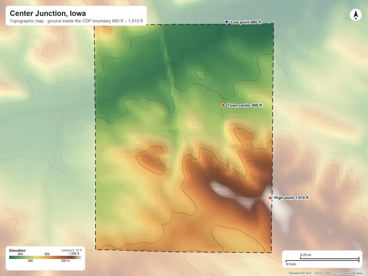 Topographic elevation map of Center Junction, Iowa, shaded from 880 ft on the north side to 1,010 ft on the southeast side