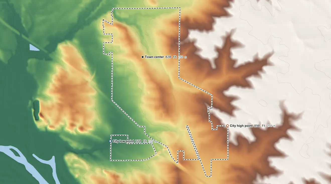 Topographic elevation map of Center Point, Iowa, shaded from 770 ft on the south side to 890 ft on the southeast side