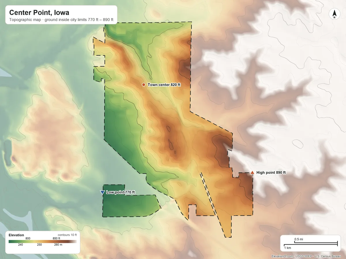 Topographic elevation map of Center Point, Iowa, shaded from 770 ft on the south side to 890 ft on the southeast side