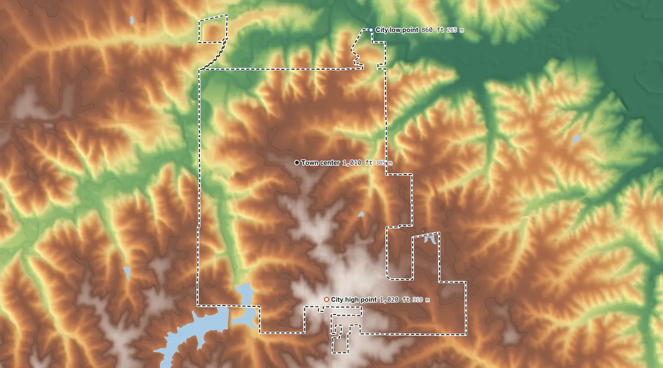 Topographic elevation map of Centerville, Iowa, shaded from 860 ft on the northeast side to 1,020 ft on the south side