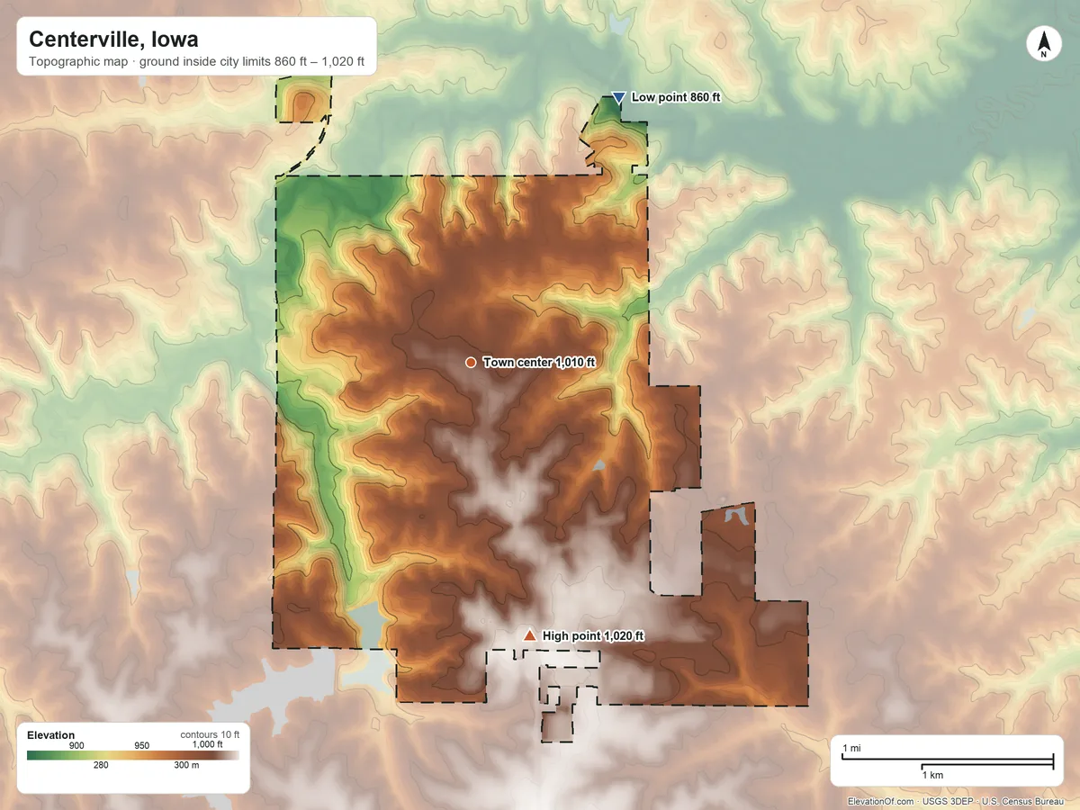 Topographic elevation map of Centerville, Iowa, shaded from 860 ft on the northeast side to 1,020 ft on the south side