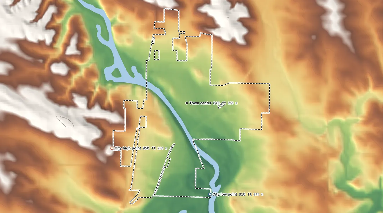 Topographic elevation map of Central City, Iowa, shaded from 810 ft on the south side to 950 ft on the southwest side