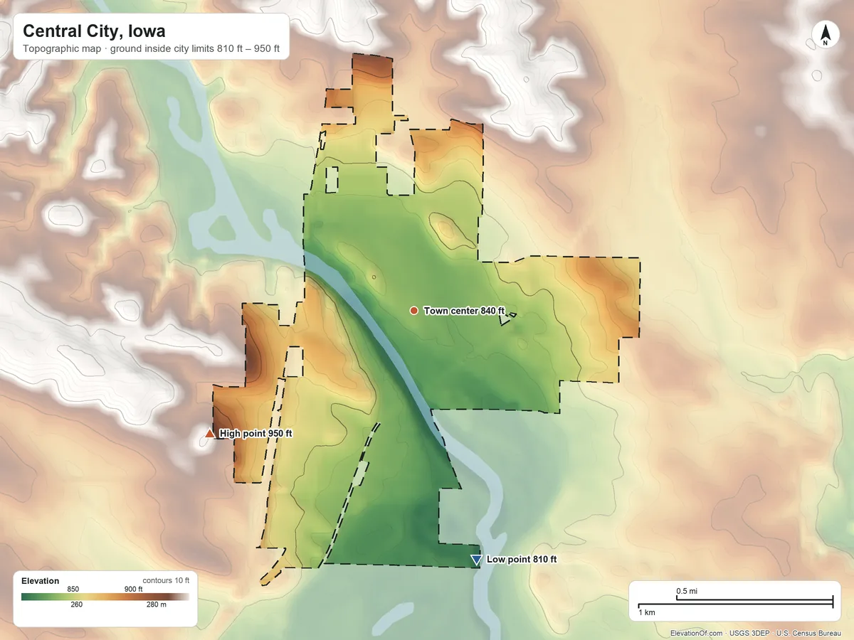 Topographic elevation map of Central City, Iowa, shaded from 810 ft on the south side to 950 ft on the southwest side
