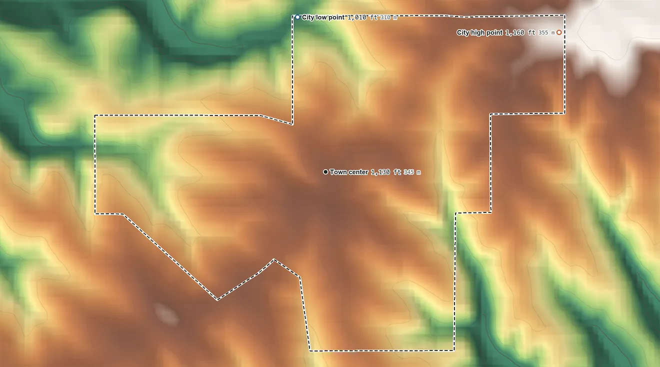 Topographic elevation map of Centralia, Iowa, shaded from 1,010 ft on the north side to 1,160 ft on the northeast side