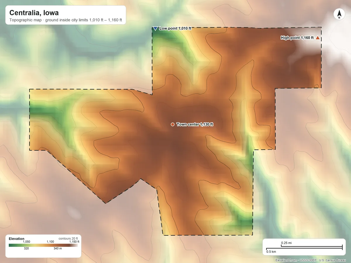 Topographic elevation map of Centralia, Iowa, shaded from 1,010 ft on the north side to 1,160 ft on the northeast side