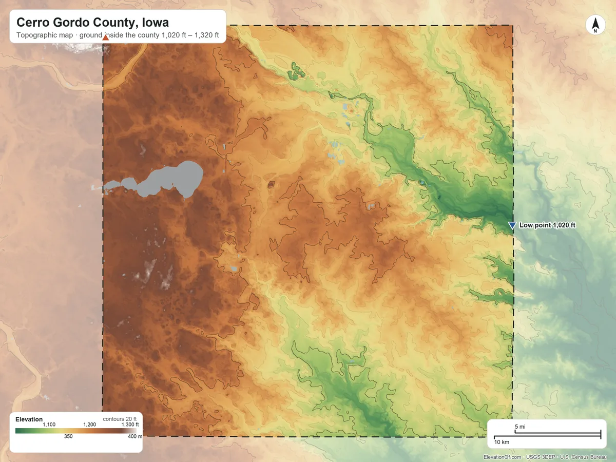 Topographic elevation map of Cerro Gordo County, Iowa, shaded from 1,020 ft on the east side to 1,320 ft on the northwest side