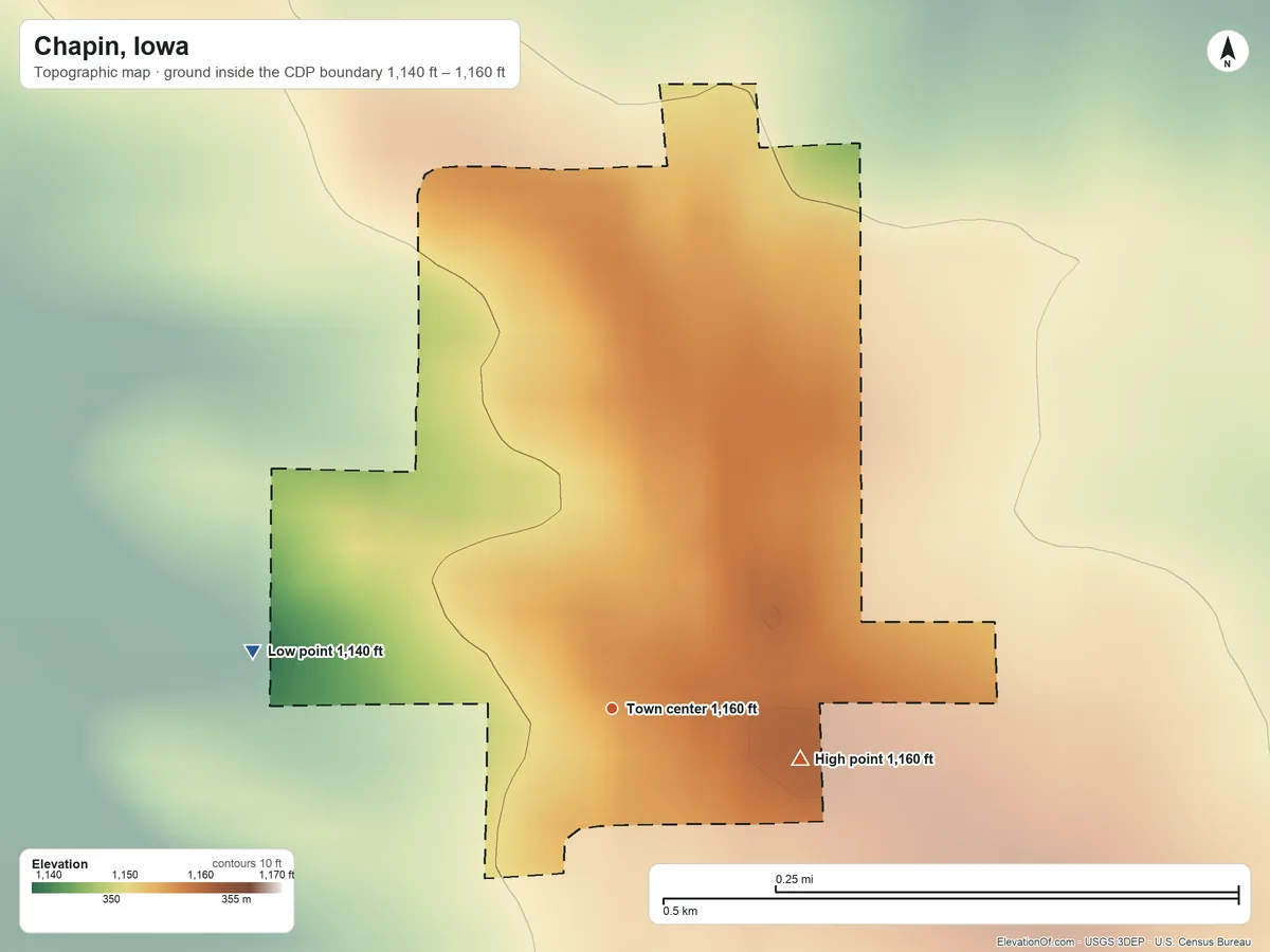 Topographic elevation map of Chapin, Iowa, shaded from 1,140 ft on the west side to 1,160 ft on the east side
