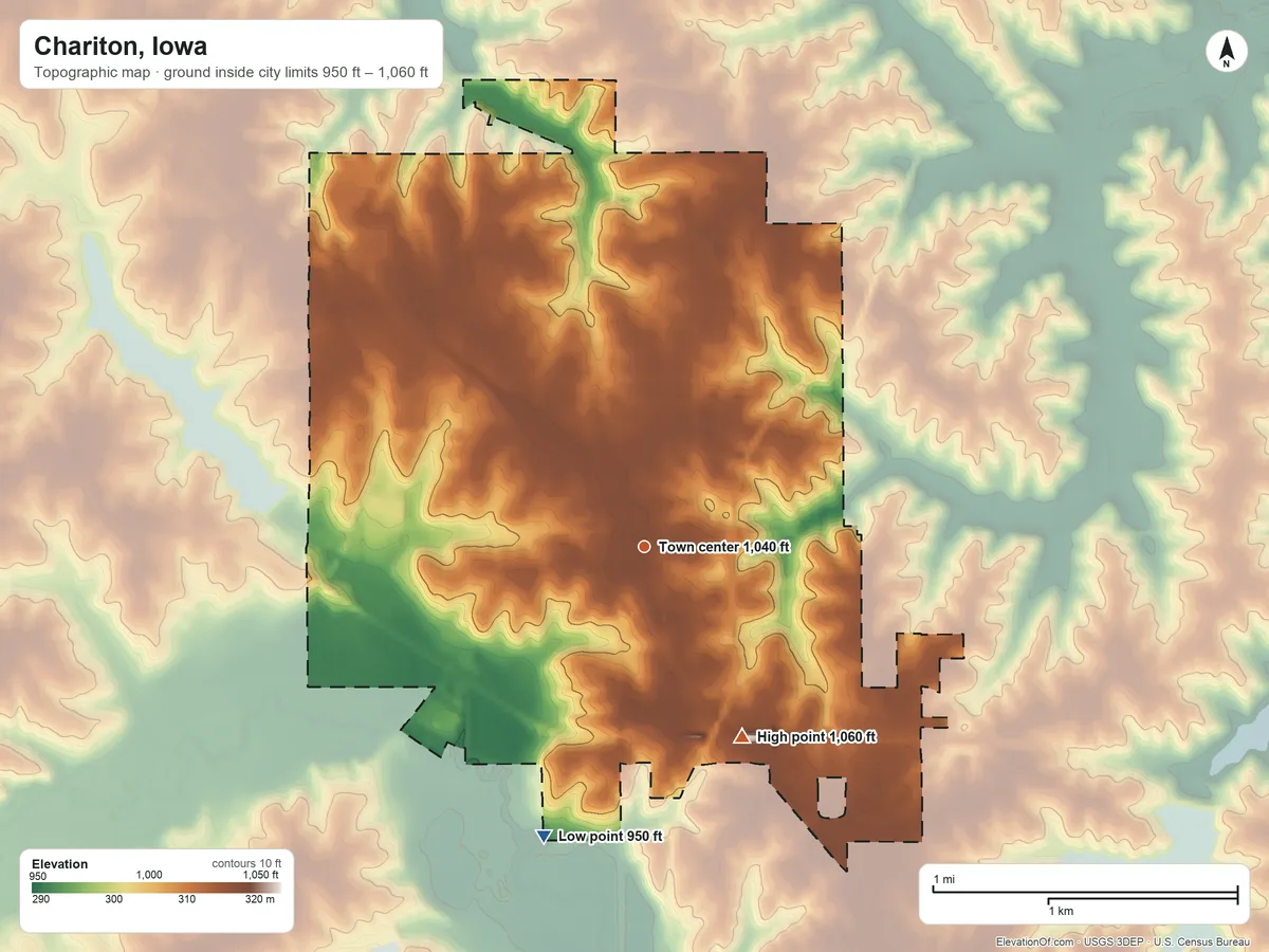 Topographic elevation map of Chariton, Iowa, shaded from 950 ft on the south side to 1,060 ft on the southeast side