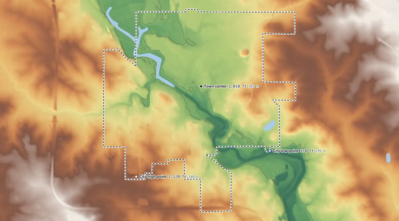 Topographic elevation map of Charles City, Iowa, shaded from 970 ft on the southeast side to 1,120 ft on the southwest side