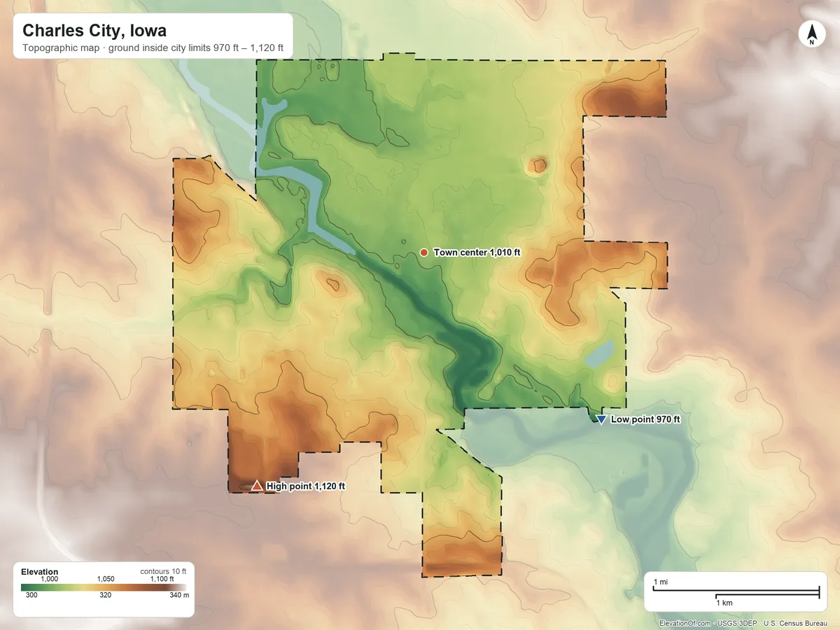 Topographic elevation map of Charles City, Iowa, shaded from 970 ft on the southeast side to 1,120 ft on the southwest side