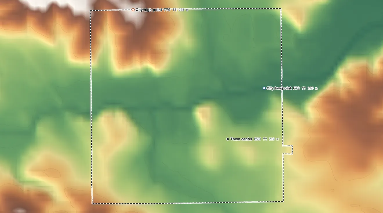 Topographic elevation map of Charlotte, Iowa, shaded from 670 ft on the northeast side to 770 ft on the northwest side