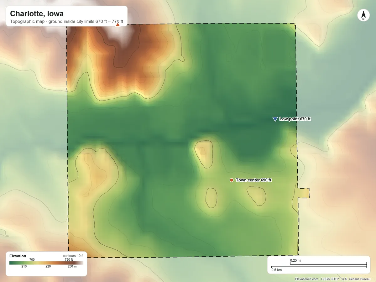 Topographic elevation map of Charlotte, Iowa, shaded from 670 ft on the northeast side to 770 ft on the northwest side