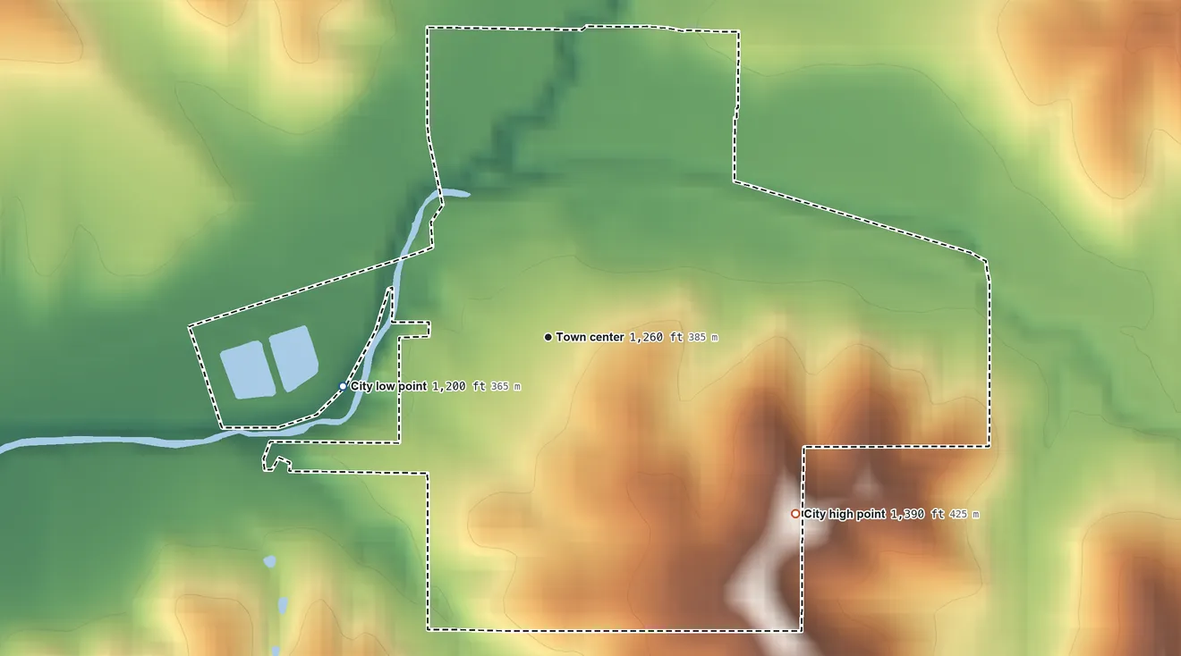 Topographic elevation map of Charter Oak, Iowa, shaded from 1,200 ft on the west side to 1,390 ft on the southeast side