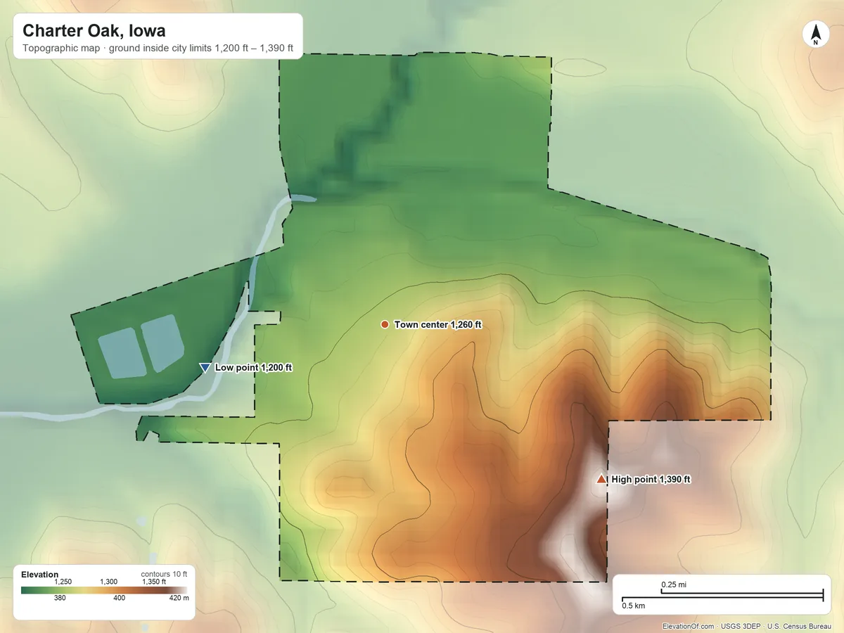 Topographic elevation map of Charter Oak, Iowa, shaded from 1,200 ft on the west side to 1,390 ft on the southeast side