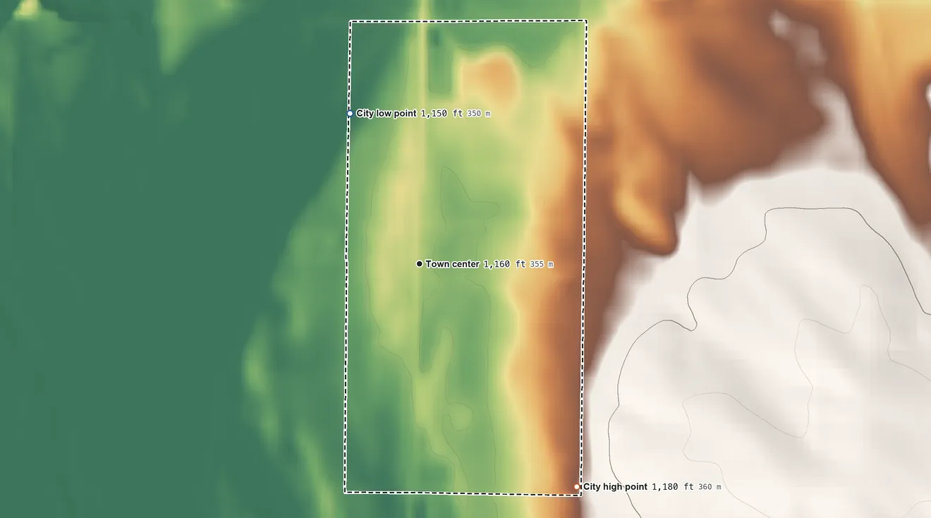 Topographic elevation map of Chatsworth, Iowa, shaded from 1,150 ft on the northwest side to 1,180 ft on the southeast side