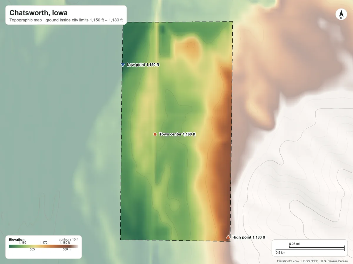 Topographic elevation map of Chatsworth, Iowa, shaded from 1,150 ft on the northwest side to 1,180 ft on the southeast side