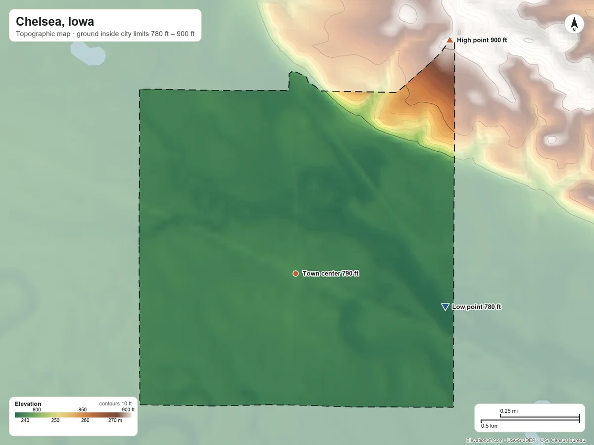 Topographic elevation map of Chelsea, Iowa, shaded from 780 ft on the east side to 900 ft on the northeast side