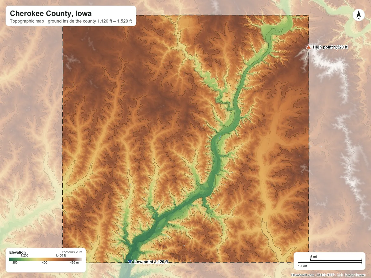 Topographic elevation map of Cherokee County, Iowa, shaded from 1,120 ft on the southwest side to 1,520 ft on the northeast side