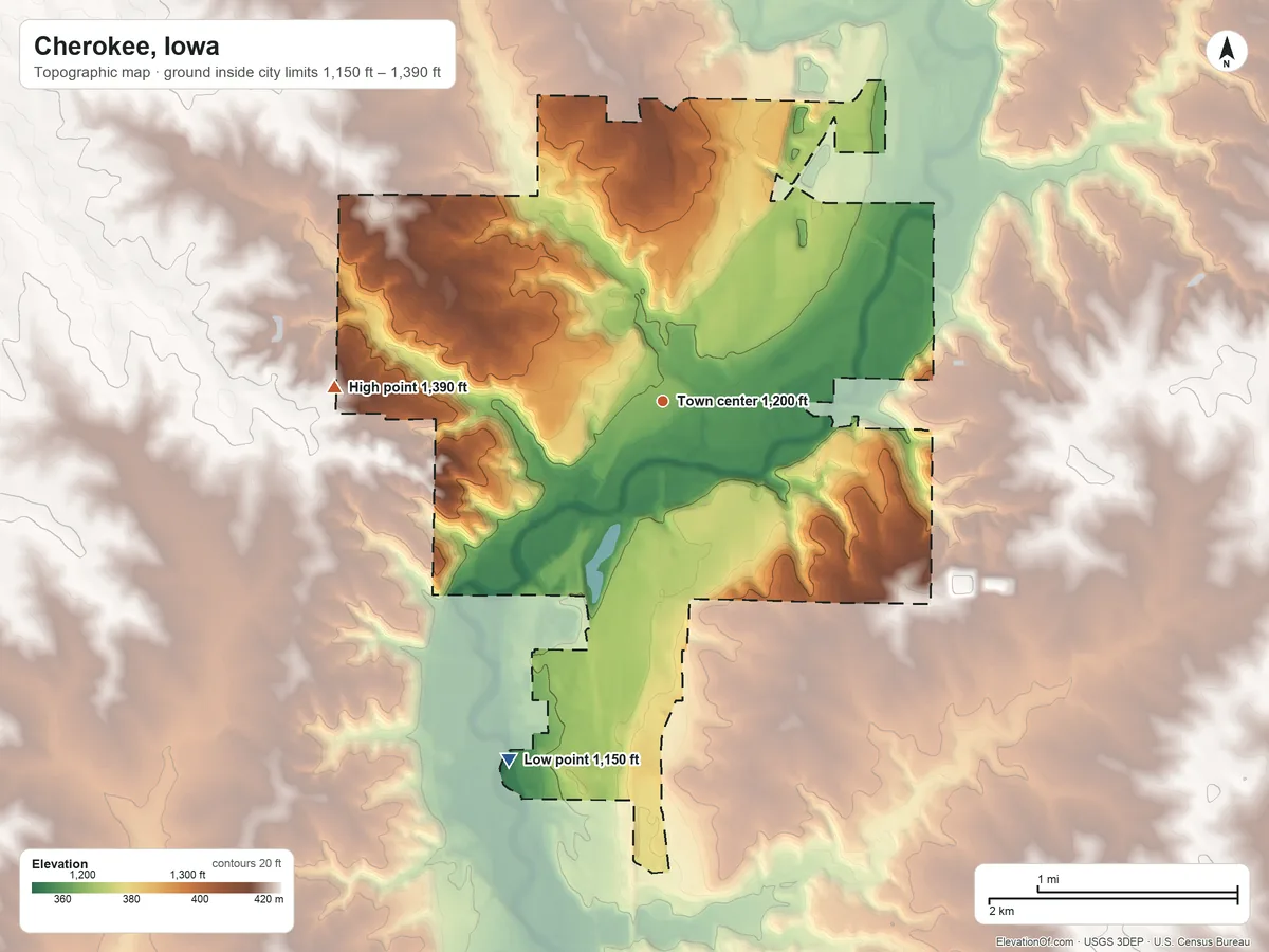 Topographic elevation map of Cherokee, Iowa, shaded from 1,150 ft on the southwest side to 1,390 ft on the west side