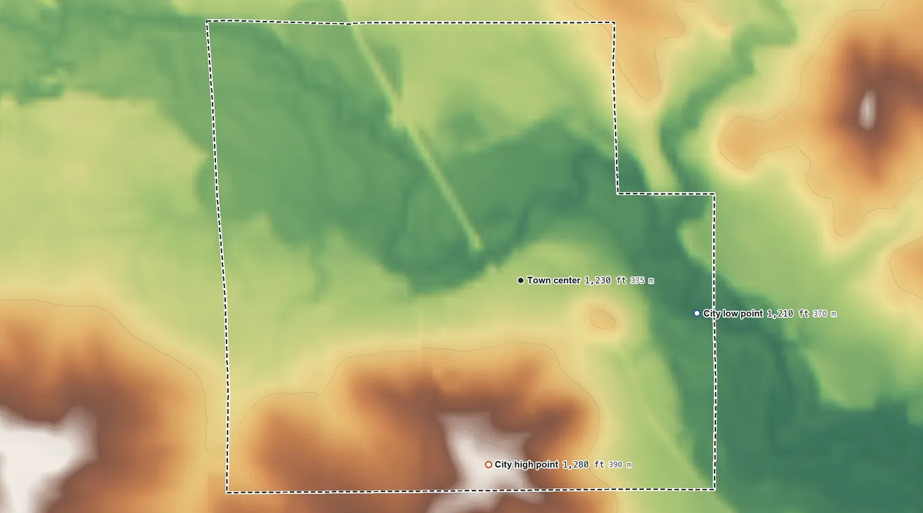 Topographic elevation map of Chester, Iowa, shaded from 1,210 ft on the east side to 1,280 ft on the south side