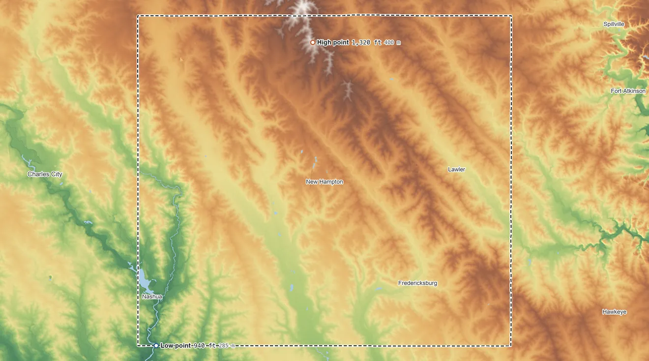 Topographic elevation map of Chickasaw County, Iowa, shaded from 940 ft on the southwest side to 1,320 ft on the north side