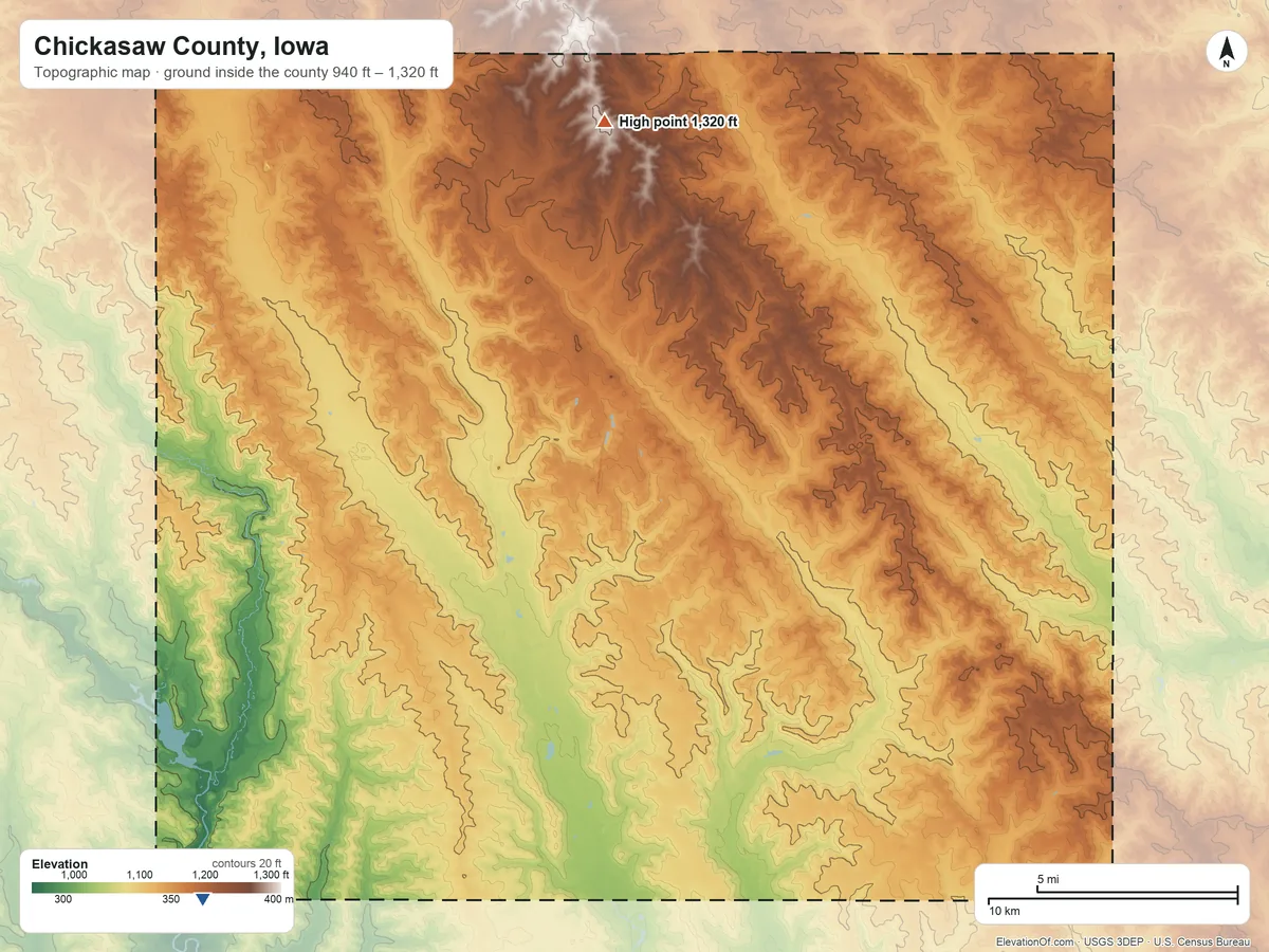 Topographic elevation map of Chickasaw County, Iowa, shaded from 940 ft on the southwest side to 1,320 ft on the north side
