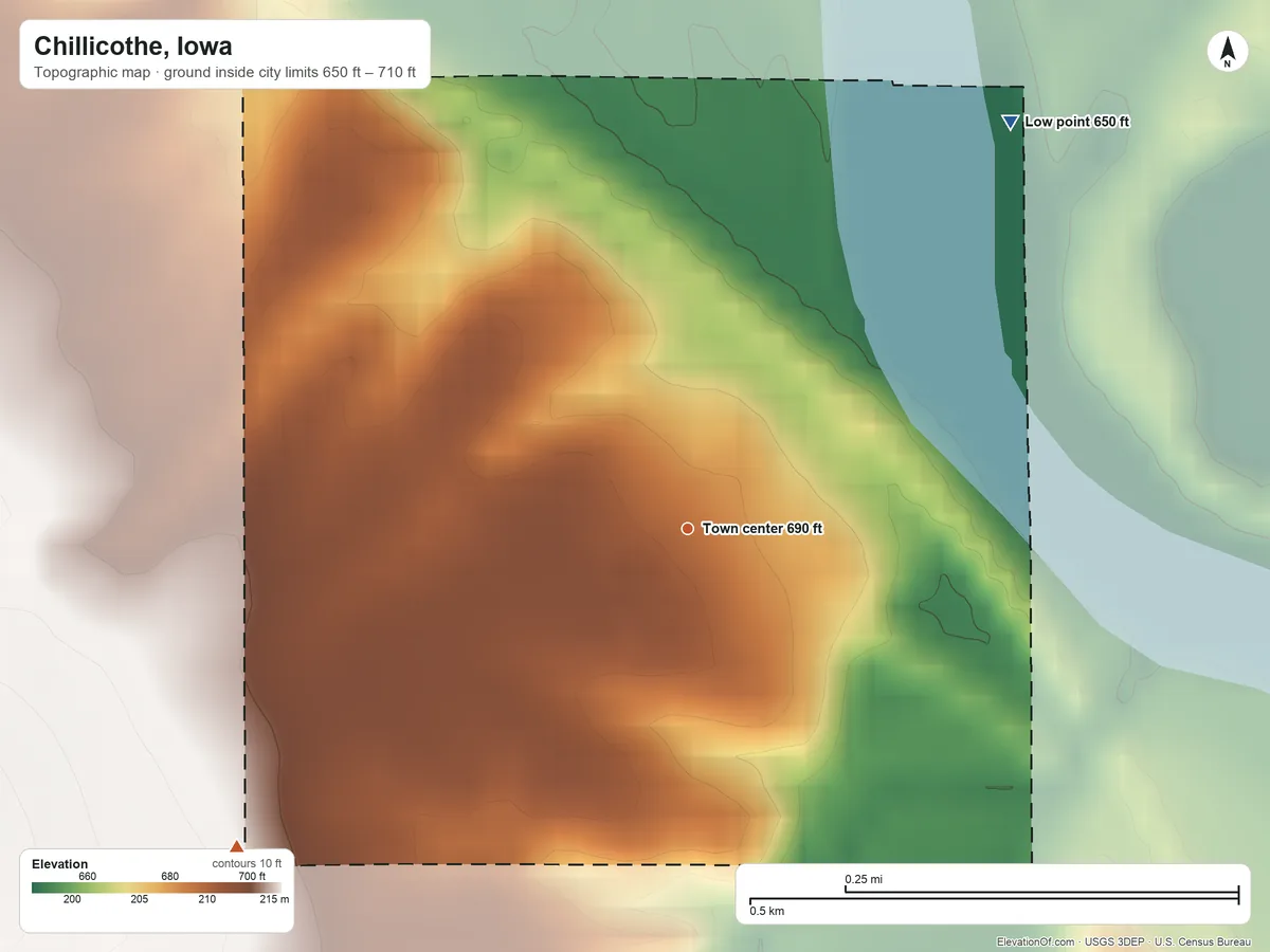 Topographic elevation map of Chillicothe, Iowa, shaded from 650 ft on the northeast side to 710 ft on the southwest side