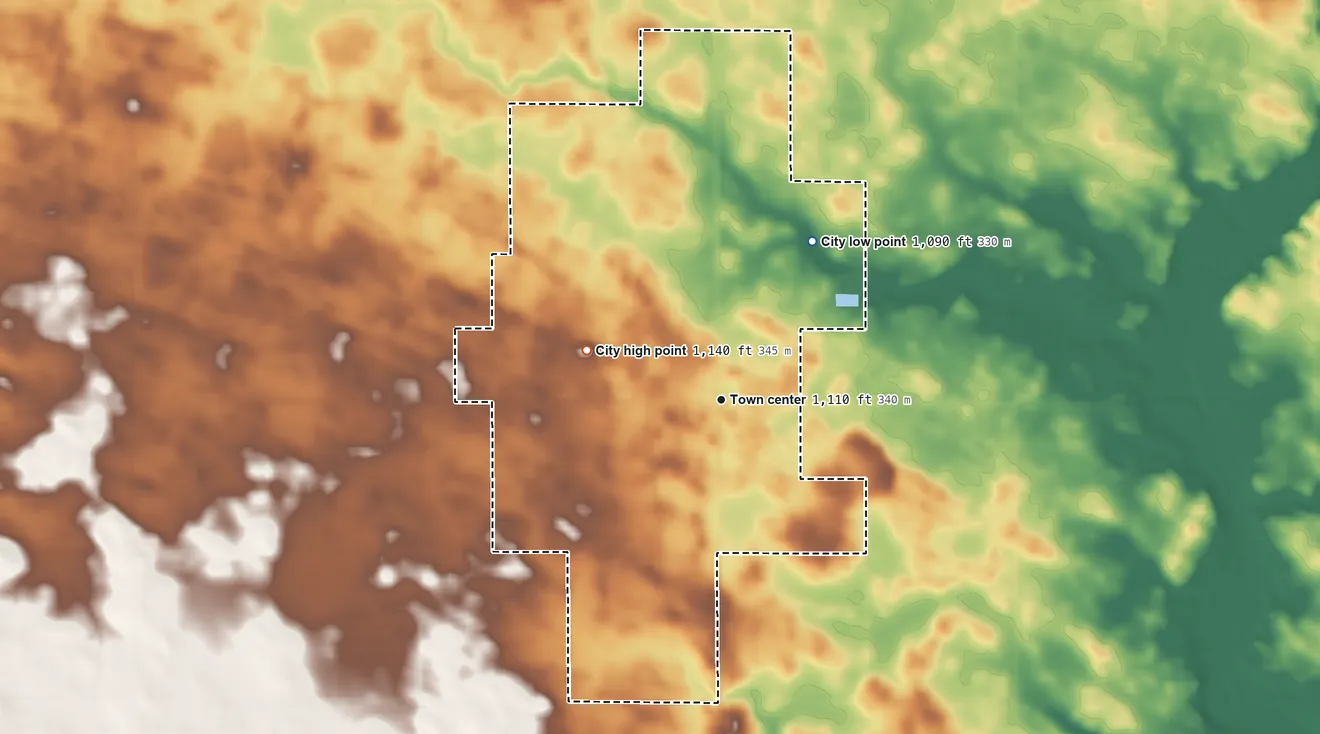Topographic elevation map of Churdan, Iowa, shaded from 1,090 ft on the northeast side to 1,140 ft on the west side