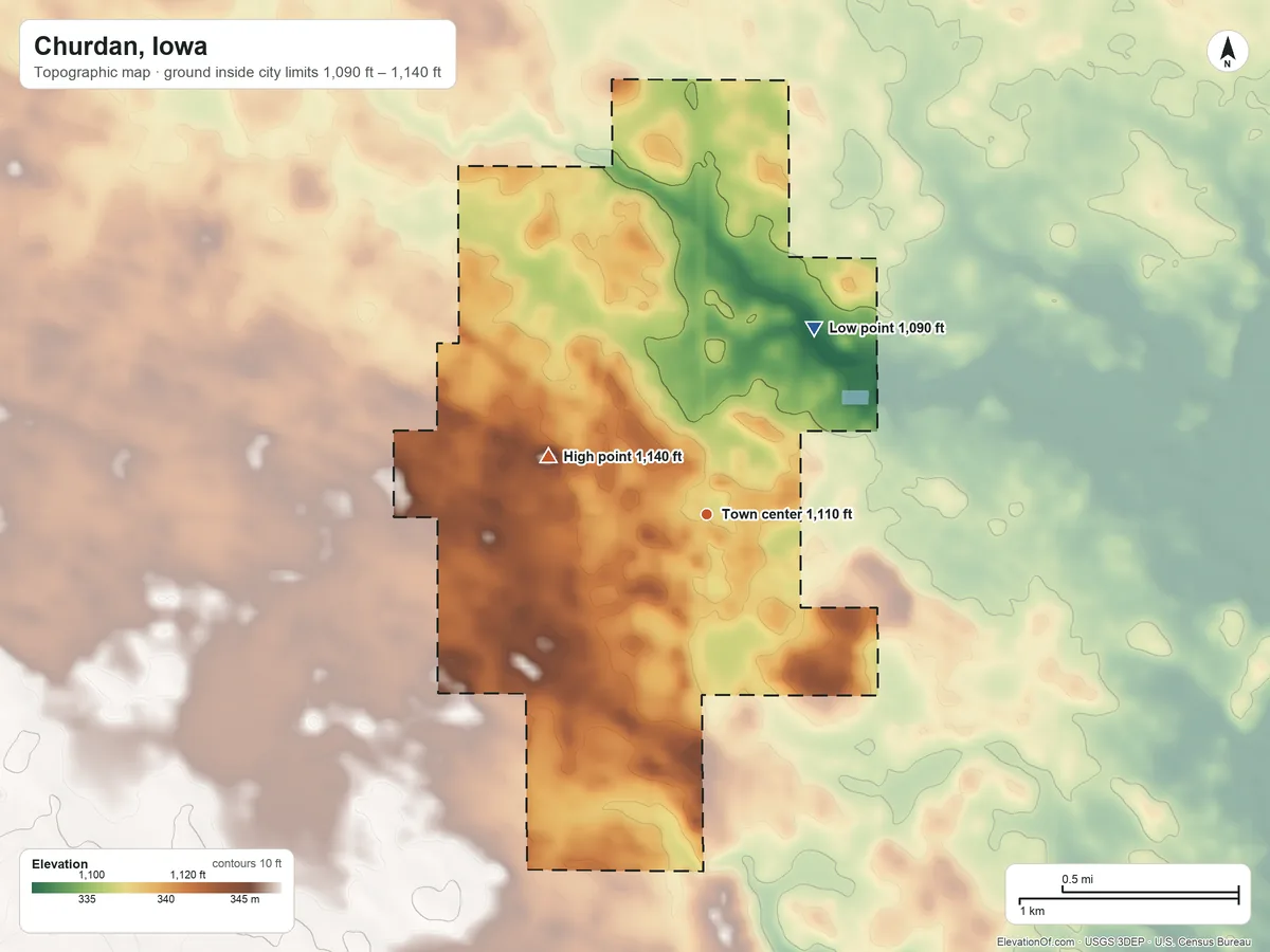 Topographic elevation map of Churdan, Iowa, shaded from 1,090 ft on the northeast side to 1,140 ft on the west side