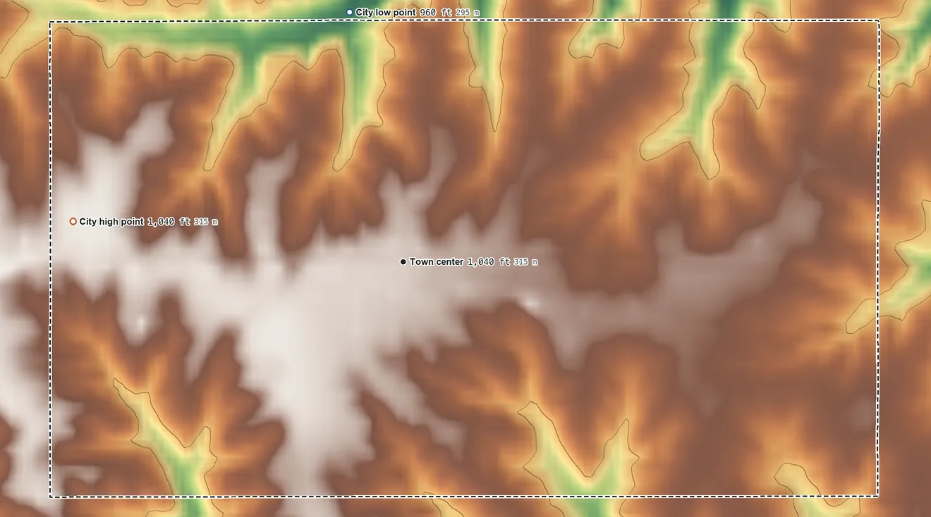 Topographic elevation map of Cincinnati, Iowa, shaded from 960 ft on the north side to 1,040 ft on the west side
